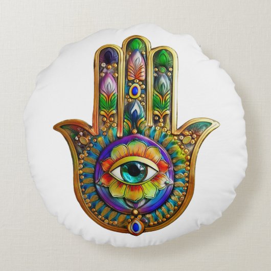 花カラフル花びらターコイズサードアイハムサ ラウンドクッション (裏面)