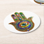 花カラフル花びらターコイズサードアイハムサ ラウンドペーパーコースター (アングル)
