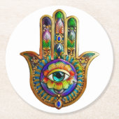 花カラフル花びらターコイズサードアイハムサ ラウンドペーパーコースター (正面)