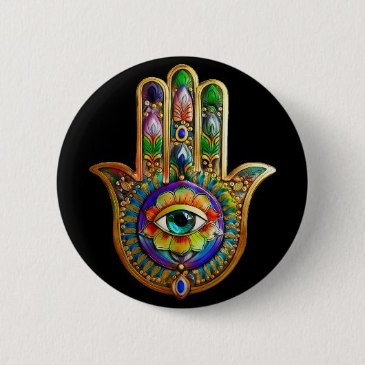 花カラフル花びらターコイズサードアイハムサ 缶バッジ (正面)