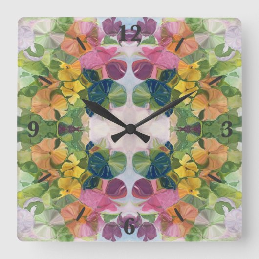 花カラフル花びら水彩模様絵を描の スクエア壁時計 (正面)