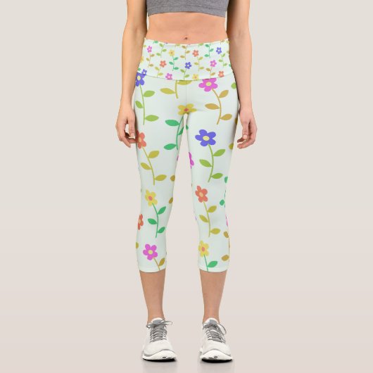 花カラフル花、花の柄、緑、ぼほ カプリレギンス (正面)