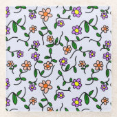 花カラフル花、花の柄、緑、ぼほ ガラスコースター (正面)