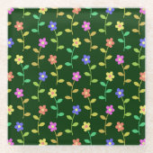 花カラフル花、花の柄、緑、ぼほ ガラスコースター (正面)