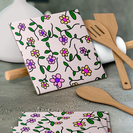 花カラフル花、花の柄、緑、ぼほ タイル