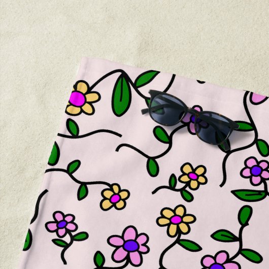 花カラフル花、花の柄、緑、ぼほ ビーチタオル (インサイチュ)