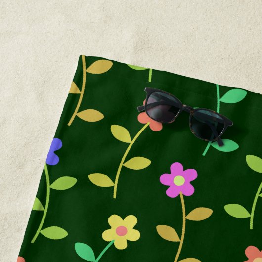 花カラフル花、花の柄、緑、ぼほ ビーチタオル (インサイチュ)