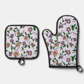 花カラフル花、花の柄、緑、ぼほ 鍋つかみ&鍋敷きセット (正面)