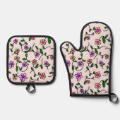 花カラフル花、花の柄、緑、ぼほ 鍋つかみ&鍋敷きセット (正面)