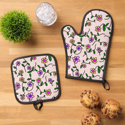 花カラフル花、花の柄、緑、ぼほ 鍋つかみ&鍋敷きセット (トップダウン)