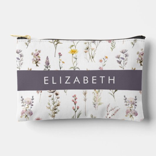 花カラフル花、野の花、緑、あなたの名前 アクセサリーポーチ (正面)