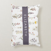 花カラフル花、野の花、緑、あなたの名前 アクセントクッション (正面(垂直))
