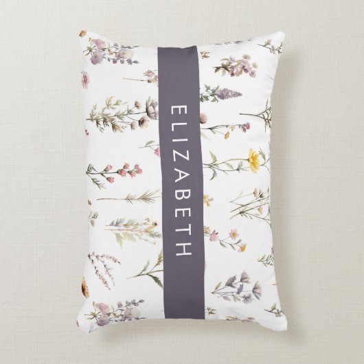 花カラフル花、野の花、緑、あなたの名前 アクセントクッション (正面(垂直))