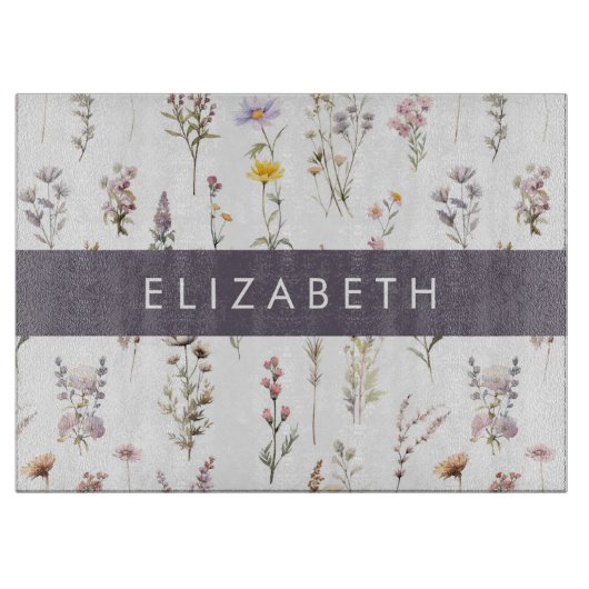 花カラフル花、野の花、緑、あなたの名前 カッティングボード (正面)