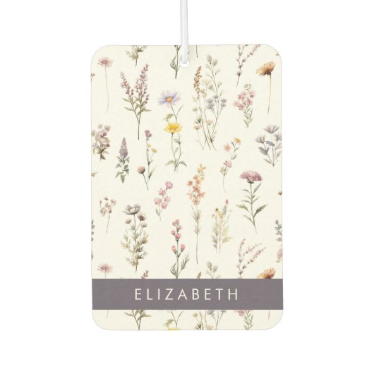 花カラフル花、野の花、緑、あなたの名前 カーエアーフレッシュナー (正面)