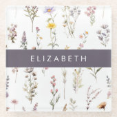 花カラフル花、野の花、緑、あなたの名前 ガラスコースター (正面)