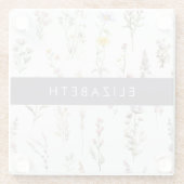 花カラフル花、野の花、緑、あなたの名前 ガラスコースター (裏面)