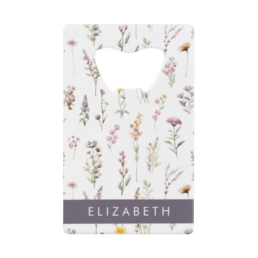 花カラフル花、野の花、緑、あなたの名前 クレジットカード栓抜き (正面)