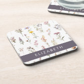 花カラフル花、野の花、緑、あなたの名前 コースター (左側)