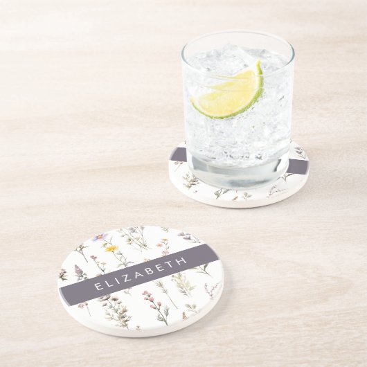 花カラフル花、野の花、緑、あなたの名前 コースター (側面)