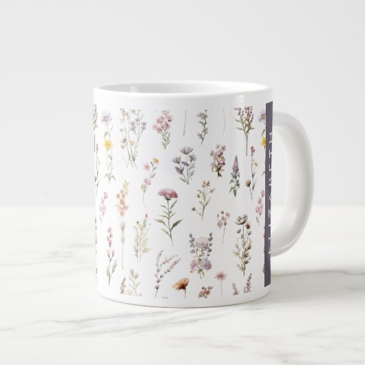 花カラフル花、野の花、緑、あなたの名前 ジャンボコーヒーマグカップ (正面右)