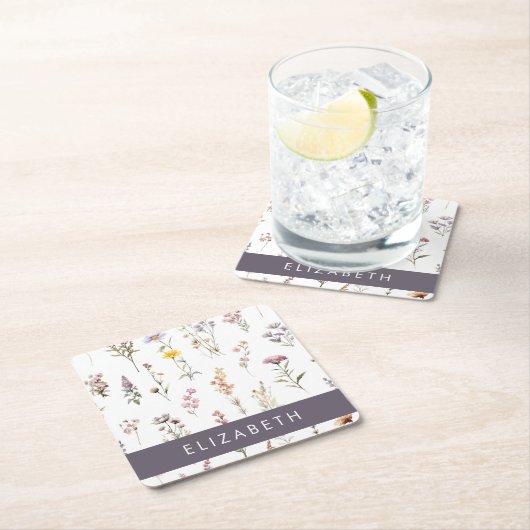 花カラフル花、野の花、緑、あなたの名前 スクエアペーパーコースター (インサイチュ)