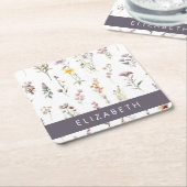 花カラフル花、野の花、緑、あなたの名前 スクエアペーパーコースター (アングル)