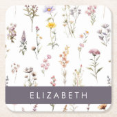 花カラフル花、野の花、緑、あなたの名前 スクエアペーパーコースター (正面)
