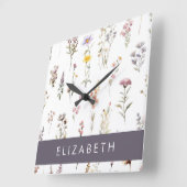花カラフル花、野の花、緑、あなたの名前 スクエア壁時計 (傾斜)