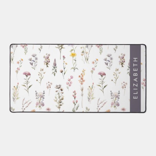 花カラフル花、野の花、緑、あなたの名前 デスクマット (正面)