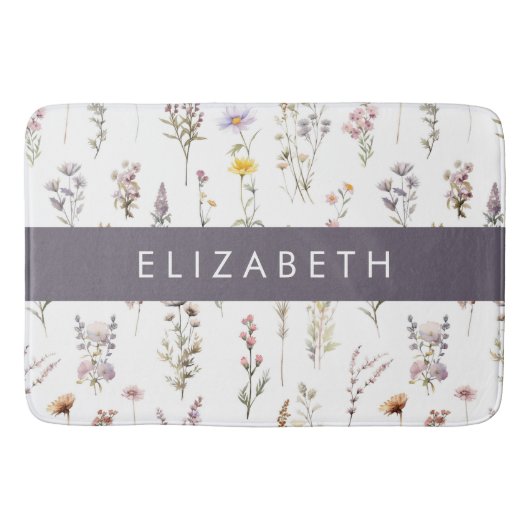 花カラフル花、野の花、緑、あなたの名前 バスマット (正面)