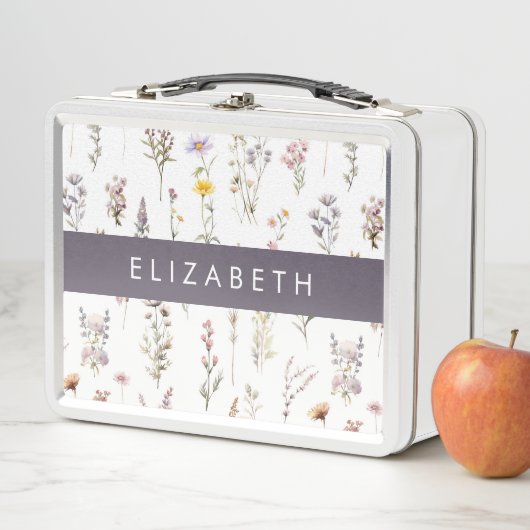花カラフル花、野の花、緑、あなたの名前 メタルランチボックス (インサイチュ)