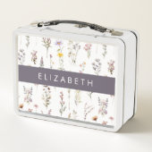 花カラフル花、野の花、緑、あなたの名前 メタルランチボックス (裏面)