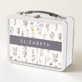 花カラフル花、野の花、緑、あなたの名前 メタルランチボックス (正面)