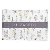 花カラフル花、野の花、緑、あなたの名前 枕カバー (裏面)