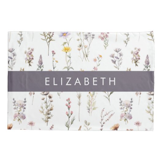 花カラフル花、野の花、緑、あなたの名前 枕カバー (裏面)