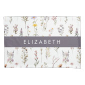 花カラフル花、野の花、緑、あなたの名前 枕カバー (正面)