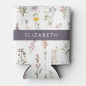 花カラフル花、野の花、緑、あなたの名前 缶クーラー (正面)