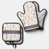 花カラフル花、野の花、緑、あなたの名前 鍋つかみ&鍋敷きセット (正面/裏面)
