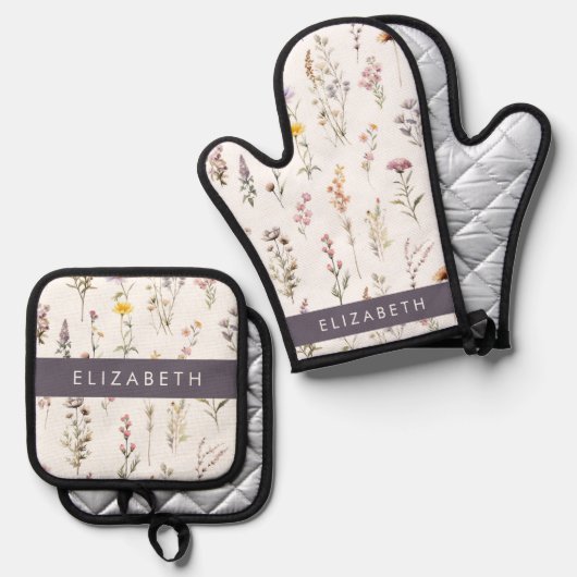 花カラフル花、野の花、緑、あなたの名前 鍋つかみ&鍋敷きセット (正面/裏面)