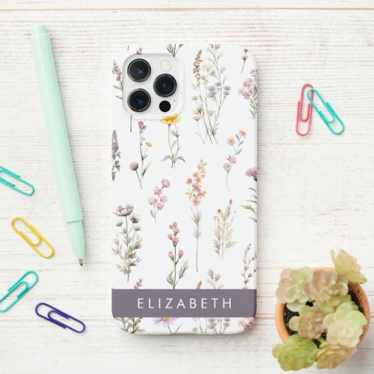 花カラフル花、野の花、緑、あなたの名前 iPhoneケース (デスク上)