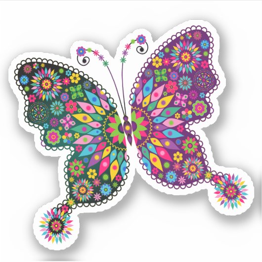 花カラフル蝶 シール (正面)