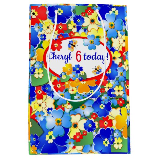 花カラフル誕生日時代 ミディアムペーパーバッグ (正面)