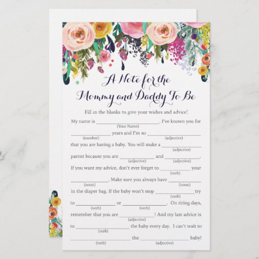 花カラフル赤ちゃんシャワーアドバイスゲームカード (正面/裏面)