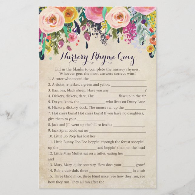 花カラフル赤ちゃんシャワー子供部屋韻クイズ (正面)