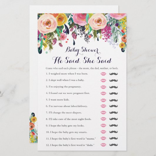 花カラフル赤ちゃんシャワー彼は彼女はゲームを言った (正面/裏面)