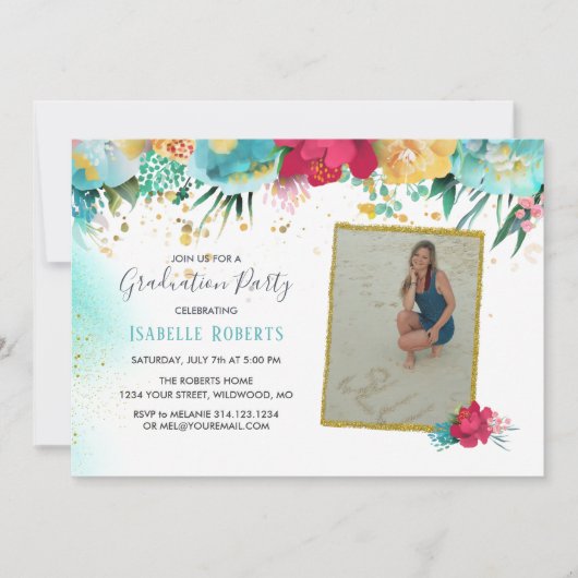 花カラフル金ゴールドスパークルグリッター卒業 招待状 (正面)