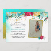 花カラフル金ゴールドスパークルグリッター卒業 招待状 (正面/裏面)