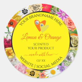 花カラフル黄色の製品ラベルとハート ラウンドシール