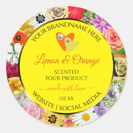 花カラフル黄色の製品ラベルとハート ラウンドシール (正面)